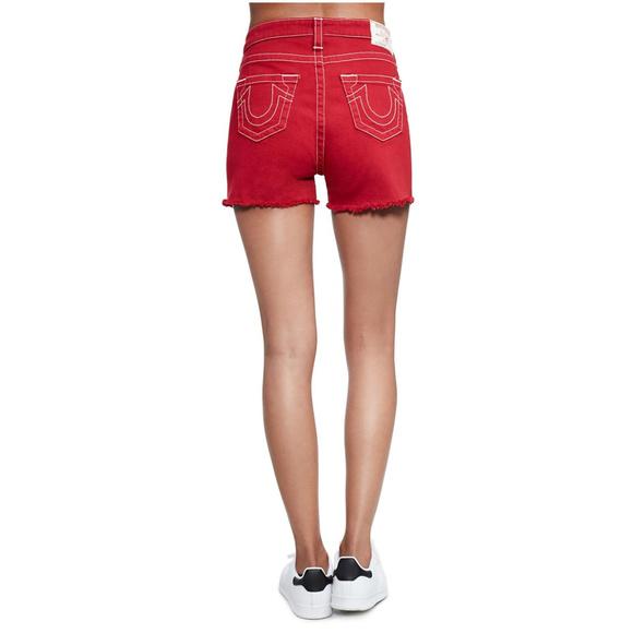 True Religion Women's High Waisted Cut Off Jean Shorts in Ruby Red - Picture 3 of 4